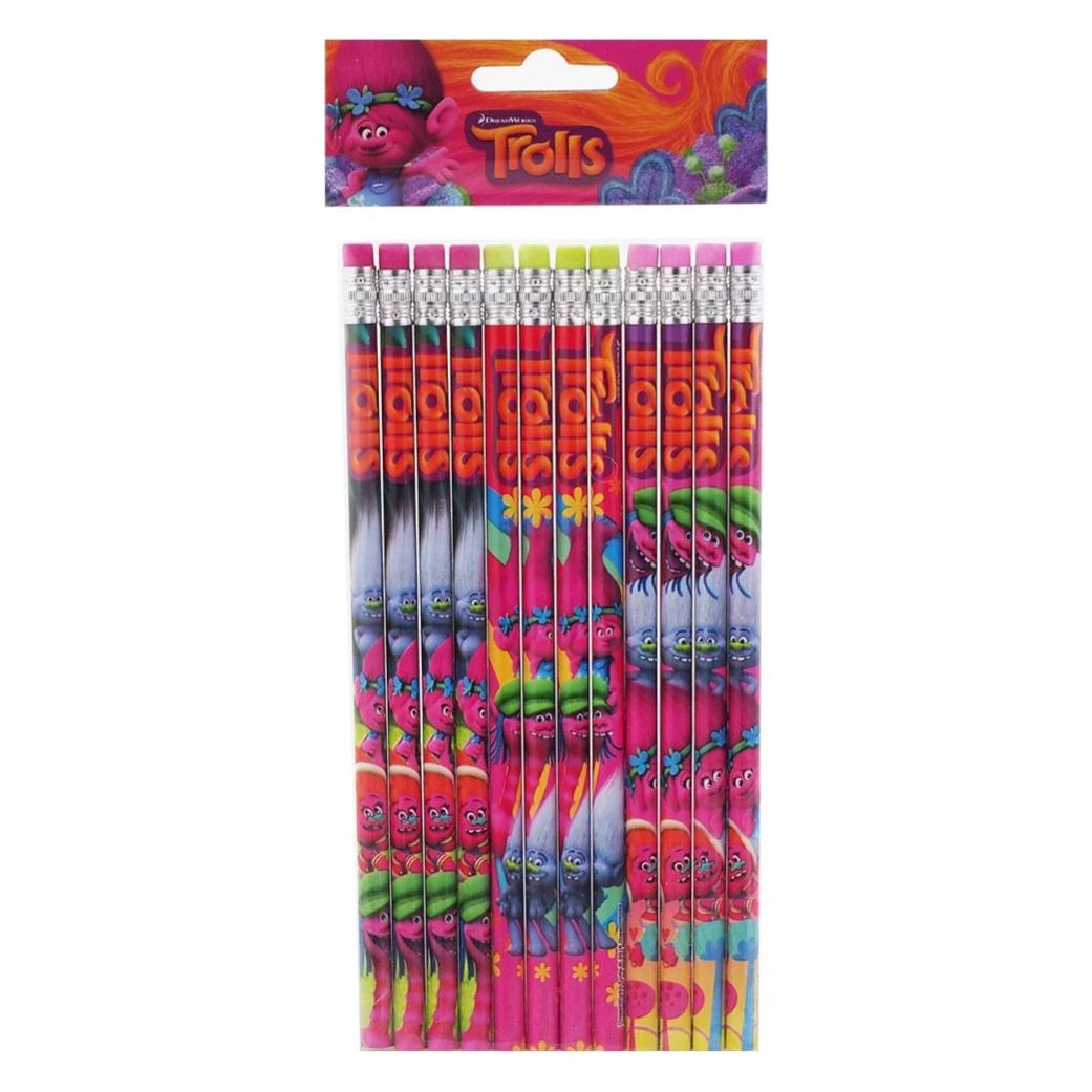 Trolls Cooper,Guy Diamond, Poppy,DJSuki Green/Red/Pink Wooden Pencils Pack of 12 - Partytoyz Inc